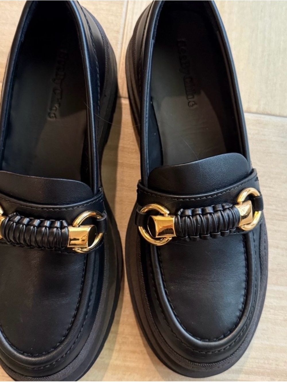 See By Chloe Black Leather Loafers with Gold-Tone Bit